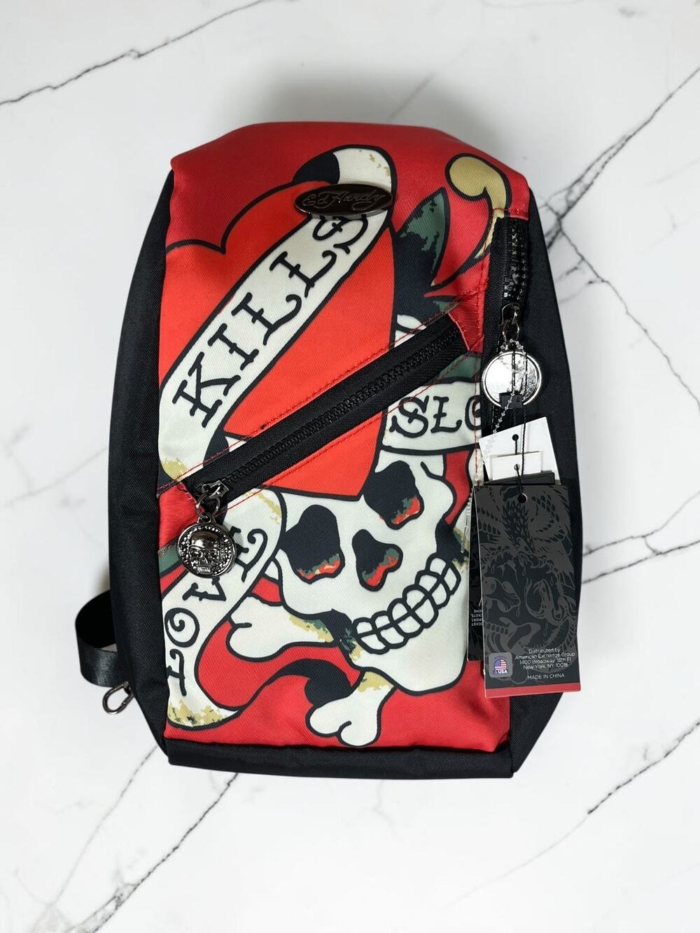 Ed Hardy Love Kills Slowly Skull Tattoo Sling Crossbody Bag Red Black NWT